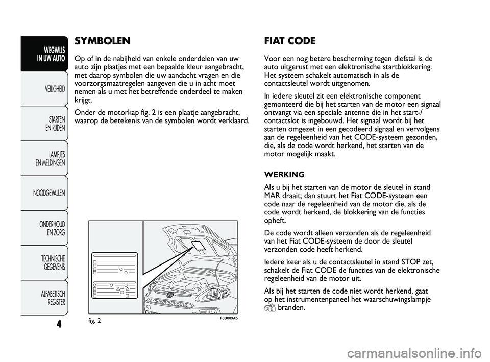 Abarth Punto 2012  Instructieboek (in Dutch) FIAT CODE
Voor een nog betere bescherming tegen diefstal is de
auto uitgerust met een elektronische startblokkering.
Het systeem schakelt automatisch in als de
contactsleutel wordt uitgenomen.
In iede