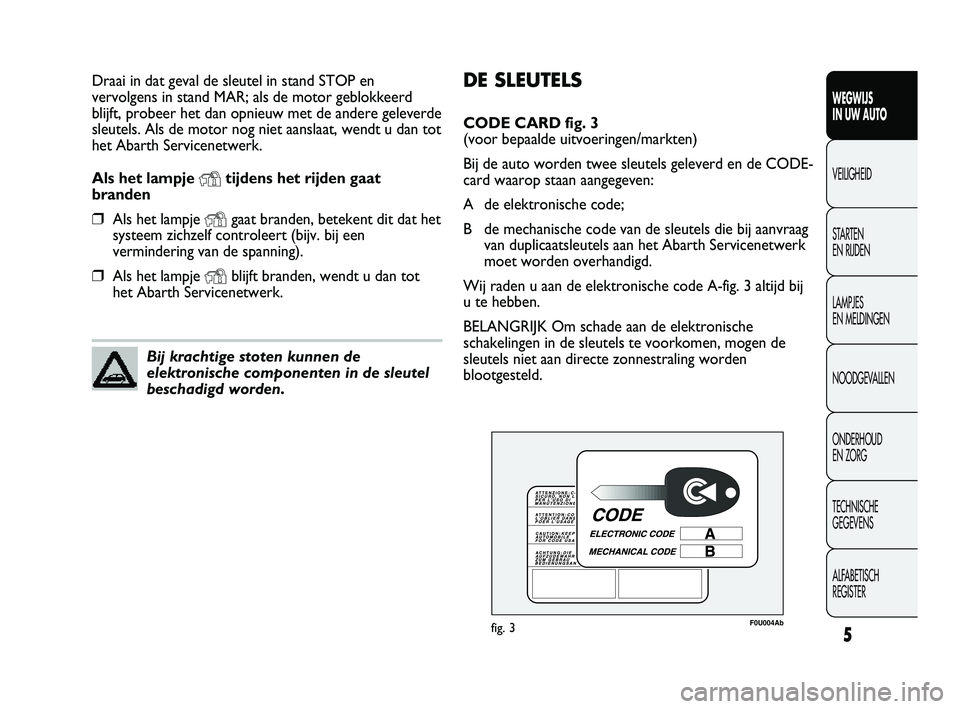 Abarth Punto 2012  Instructieboek (in Dutch) DE SLEUTELS
CODE CARD fig. 3 
(voor bepaalde uitvoeringen/markten)
Bij de auto worden twee sleutels geleverd en de CODE-
card waarop staan aangegeven:
A de elektronische code;
B de mechanische code va