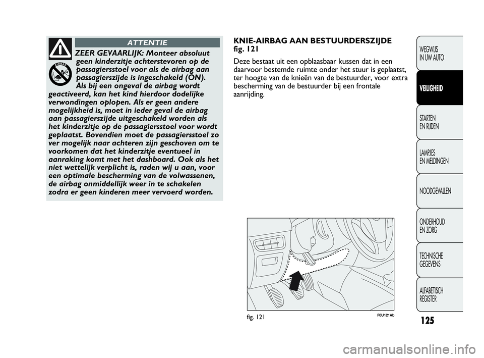Abarth Punto 2013  Instructieboek (in Dutch) 125
F0U121Abfig. 121
KNIE-AIRBAG AAN BESTUURDERSZIJDE 
fig. 121
Deze bestaat uit een opblaasbaar kussen dat in een
daarvoor bestemde ruimte onder het stuur is geplaatst,
ter hoogte van de knieën van 