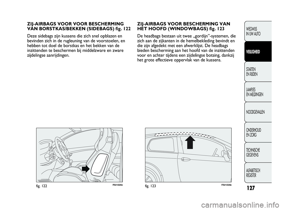 Abarth Punto 2013  Instructieboek (in Dutch) 127
WEGWIJS
IN UW AUTO
VEILIGHEID
STARTEN 
EN RIJDEN
LAMPJES
EN MELDINGEN
NOODGEVALLEN
ONDERHOUD
EN ZORG
TECHNISCHE
GEGEVENS
ALFABETISCH 
REGISTER
ZIJ-AIRBAGS VOOR BESCHERMING VAN
HET HOOFD (WINDOWBAG
