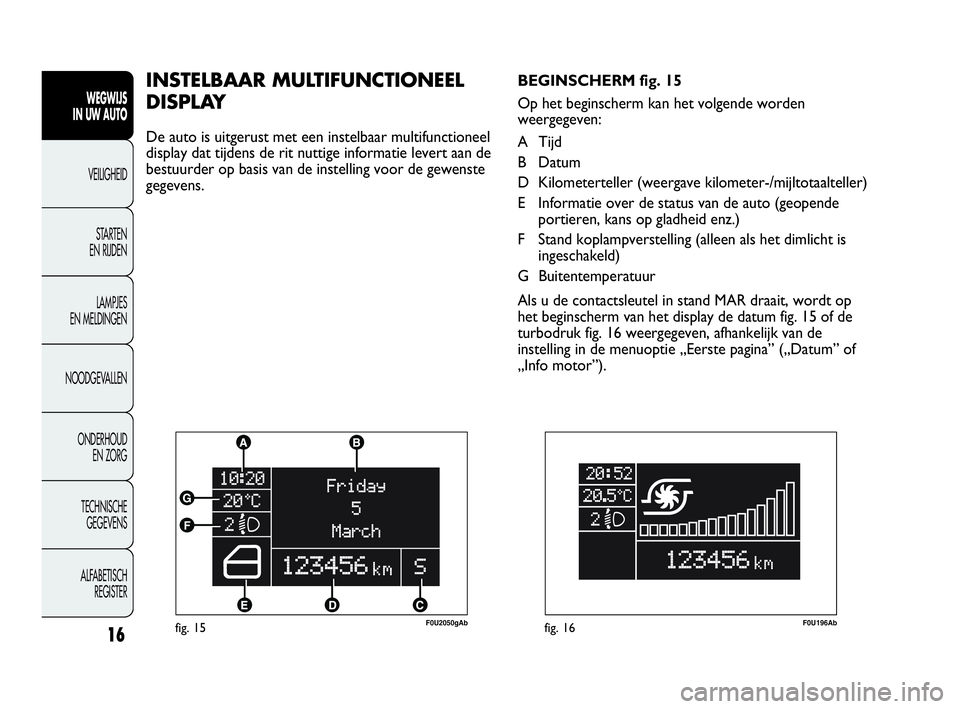 Abarth Punto 2016  Instructieboek (in Dutch) 16
WEGWIJS
IN UW AUTO
VEILIGHEID
STARTEN 
EN RIJDEN
LAMPJES
EN MELDINGEN
NOODGEVALLEN
ONDERHOUD
EN ZORG
TECHNISCHE
GEGEVENS
ALFABETISCH 
REGISTER
fig. 15F0U2050gAb
INSTELBAAR MULTIFUNCTIONEEL
DISPLAY
