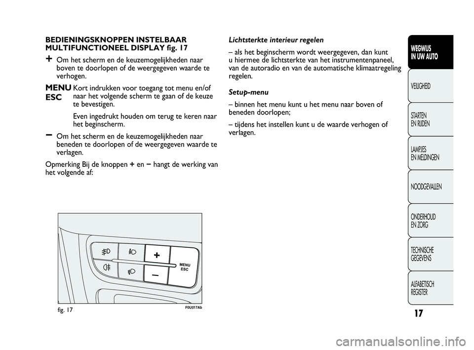 Abarth Punto 2015  Instructieboek (in Dutch) 17
WEGWIJS
IN UW AUTO
VEILIGHEID
STARTEN 
EN RIJDEN
LAMPJES
EN MELDINGEN
NOODGEVALLEN
ONDERHOUD
EN ZORG
TECHNISCHE
GEGEVENS
ALFABETISCH 
REGISTER
BEDIENINGSKNOPPEN INSTELBAAR
MULTIFUNCTIONEEL DISPLAY 