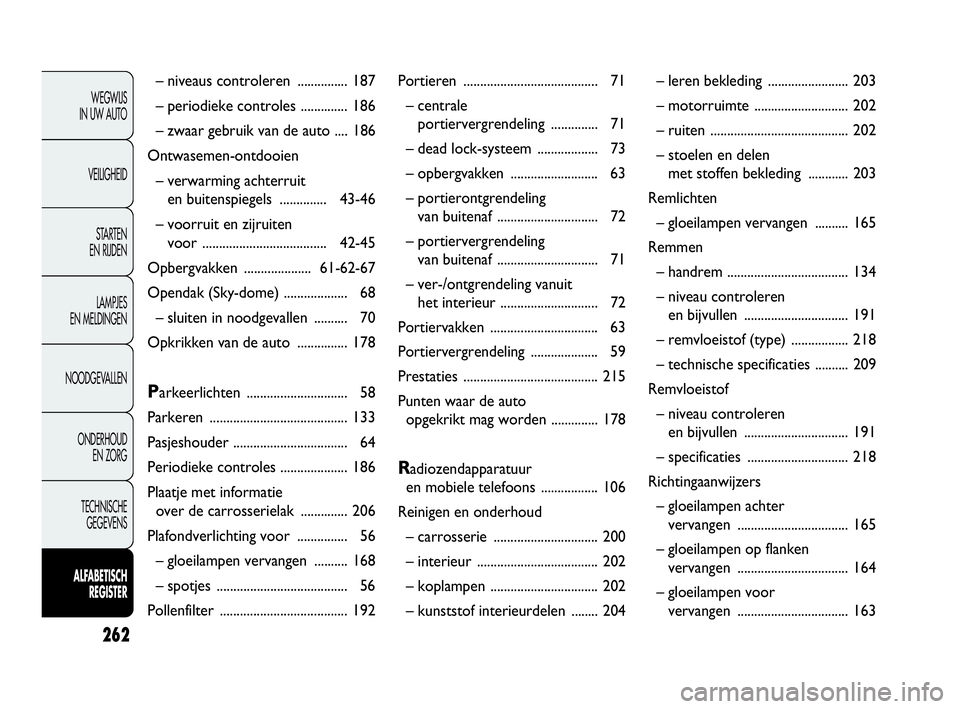 Abarth Punto 2015  Instructieboek (in Dutch) 262
WEGWIJS
IN UW AUTO
VEILIGHEID
STARTEN 
EN RIJDEN
LAMPJES
EN MELDINGEN
NOODGEVALLEN
ONDERHOUD
EN ZORG
TECHNISCHE
GEGEVENS
ALFABETISCH 
REGISTER
– niveaus controleren ............... 187
– perio