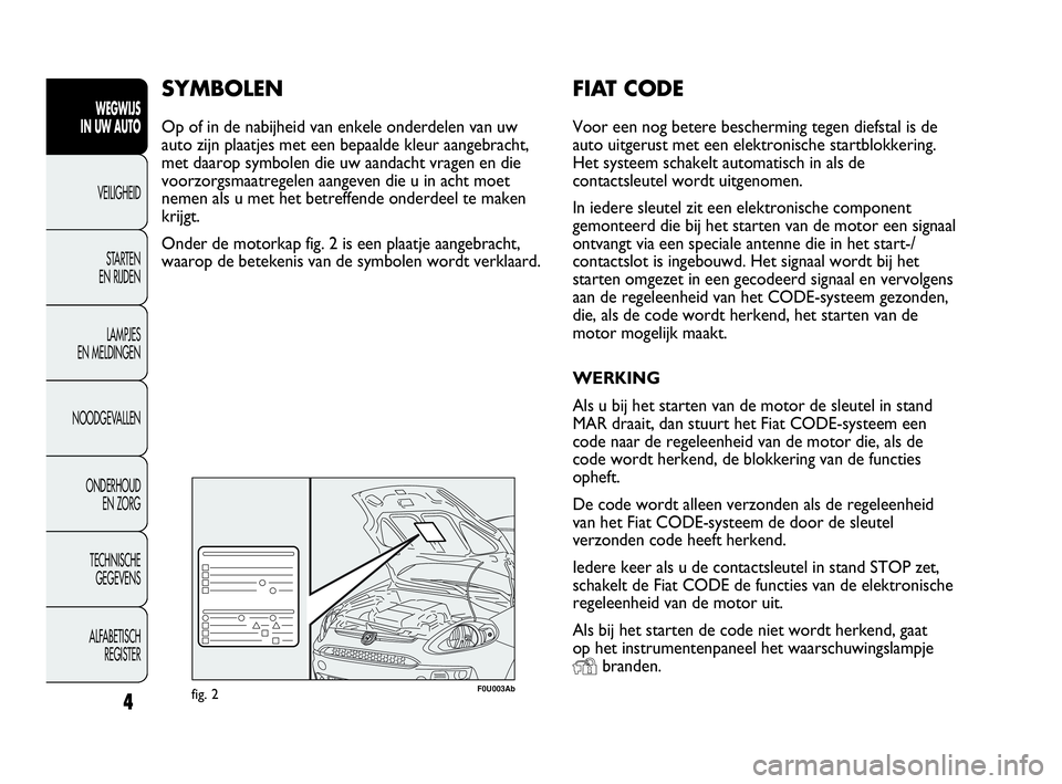 Abarth Punto 2014  Instructieboek (in Dutch) FIAT CODE
Voor een nog betere bescherming tegen diefstal is de
auto uitgerust met een elektronische startblokkering.
Het systeem schakelt automatisch in als de
contactsleutel wordt uitgenomen.
In iede