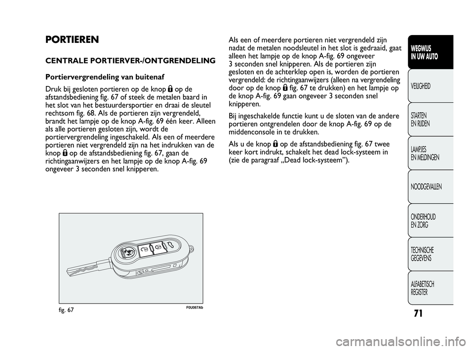 Abarth Punto 2018  Instructieboek (in Dutch) 71
WEGWIJS
IN UW AUTO
VEILIGHEID
STARTEN 
EN RIJDEN
LAMPJES
EN MELDINGEN
NOODGEVALLEN
ONDERHOUD
EN ZORG
TECHNISCHE
GEGEVENS
ALFABETISCH 
REGISTER
PORTIEREN
CENTRALE PORTIERVER-/ONTGRENDELING
Portierve