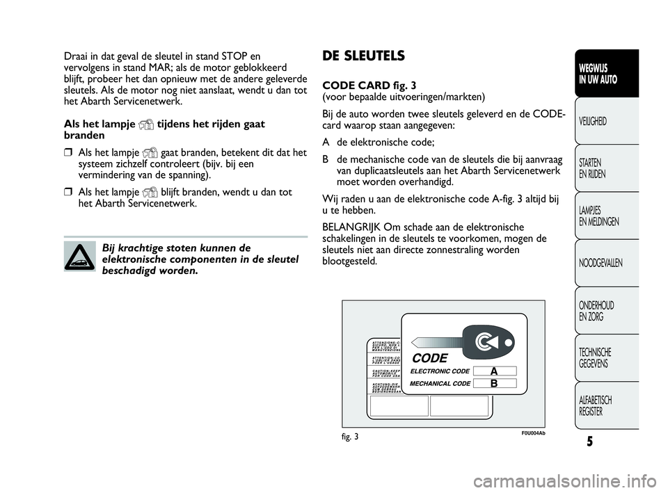 Abarth Punto 2015  Instructieboek (in Dutch) DE SLEUTELS
CODE CARD fig. 3 
(voor bepaalde uitvoeringen/markten)
Bij de auto worden twee sleutels geleverd en de CODE-
card waarop staan aangegeven:
A de elektronische code;
B de mechanische code va