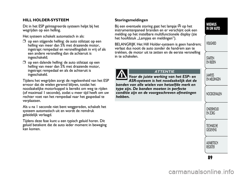 Abarth Punto 2017  Instructieboek (in Dutch) 89
WEGWIJS
IN UW AUTO
VEILIGHEID
STARTEN 
EN RIJDEN
LAMPJES
EN MELDINGEN
NOODGEVALLEN
ONDERHOUD
EN ZORG
TECHNISCHE
GEGEVENS
ALFABETISCH 
REGISTER
HILL HOLDER-SYSTEEM
Dit in het ESP geïntegreerde syst
