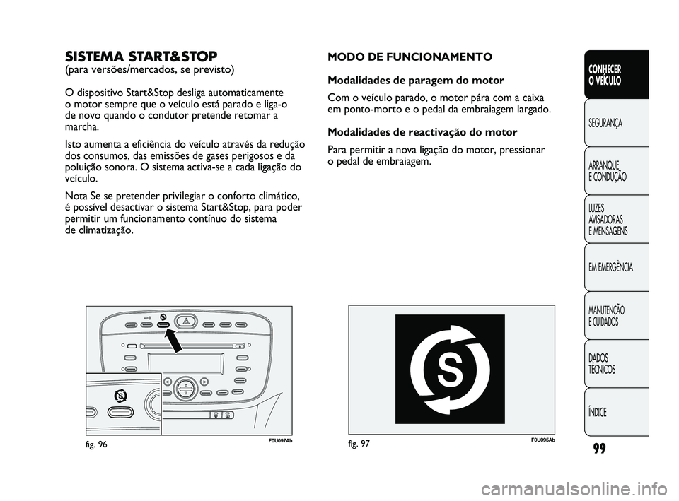 Abarth Punto 2012 Manual de Uso e Manutenção (in Portuguese) 99
CONHECER
O VEÍCULO
SEGURANÇA
ARRANQUE
E CONDUÇÃO
LUZES
A
VISADORAS
E MENSAGENS
EM EMERGÊNCIA
MANUTENÇÃO
E CUIDADOS
DADOS
TÉCNICOS
ÍNDICE
F0U095Abfig. 97
MODO DE FUNCIONAMENTO
Modali Abarth Punto 2012 Manual de Uso e Manutenção (in Portuguese) 99
CONHECER
O VEÍCULO
SEGURANÇA
ARRANQUE
E CONDUÇÃO
LUZES
A
VISADORAS
E MENSAGENS
EM EMERGÊNCIA
MANUTENÇÃO
E CUIDADOS
DADOS
TÉCNICOS
ÍNDICE
F0U095Abfig. 97
MODO DE FUNCIONAMENTO
Modali