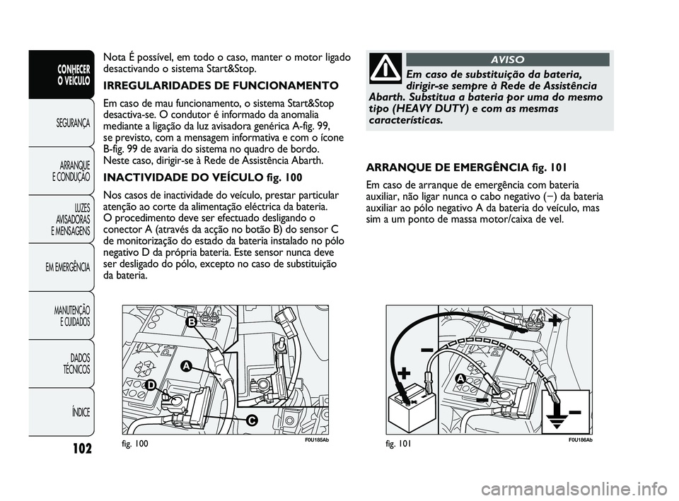 Abarth Punto 2012  Manual de Uso e Manutenção (in Portuguese) 102
CONHECER 
O VEÍCULO
SEGURANÇA 
ARRANQUE 
E CONDUÇÃO
LUZES 
A

VISADORAS
E MENSAGENS
EM EMERGÊNCIA
MANUTENÇÃO  E CUIDADOS
DADOS 
TÉCNICOS
ÍNDICE
F0U185Abfig. 100F0U186Abfig. 101
ARRANQUE D