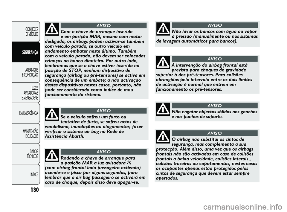 Abarth Punto 2012 Manual de Uso e Manutenção (in Portuguese) 130
CONHECER O VEÍCULO
SEGURANÇA ARRANQUE
E CONDUÇÃO
LUZES
A
VISADORAS
E MENSAGENS
EM EMERGÊNCIA
MANUTENÇÃO E CUIDADOS
DADOS
TÉCNICOS
ÍNDICE
Com a chave de arranque inserida
e em posi Abarth Punto 2012 Manual de Uso e Manutenção (in Portuguese) 130
CONHECER O VEÍCULO
SEGURANÇA ARRANQUE
E CONDUÇÃO
LUZES
A
VISADORAS
E MENSAGENS
EM EMERGÊNCIA
MANUTENÇÃO E CUIDADOS
DADOS
TÉCNICOS
ÍNDICE
Com a chave de arranque inserida
e em posi