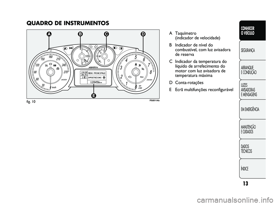 Abarth Punto 2012 Manual de Uso e Manutenção (in Portuguese) QUADRO DE INSTRUMENTOS
A Taquímetro (indicador de velocidade)
B Indicador de nível do combustível, com luz avisadora
de reserva
C Indicador da temperatura do líquido de arrefecimento do
motor com Abarth Punto 2012 Manual de Uso e Manutenção (in Portuguese) QUADRO DE INSTRUMENTOS
A Taquímetro (indicador de velocidade)
B Indicador de nível do combustível, com luz avisadora
de reserva
C Indicador da temperatura do líquido de arrefecimento do
motor com