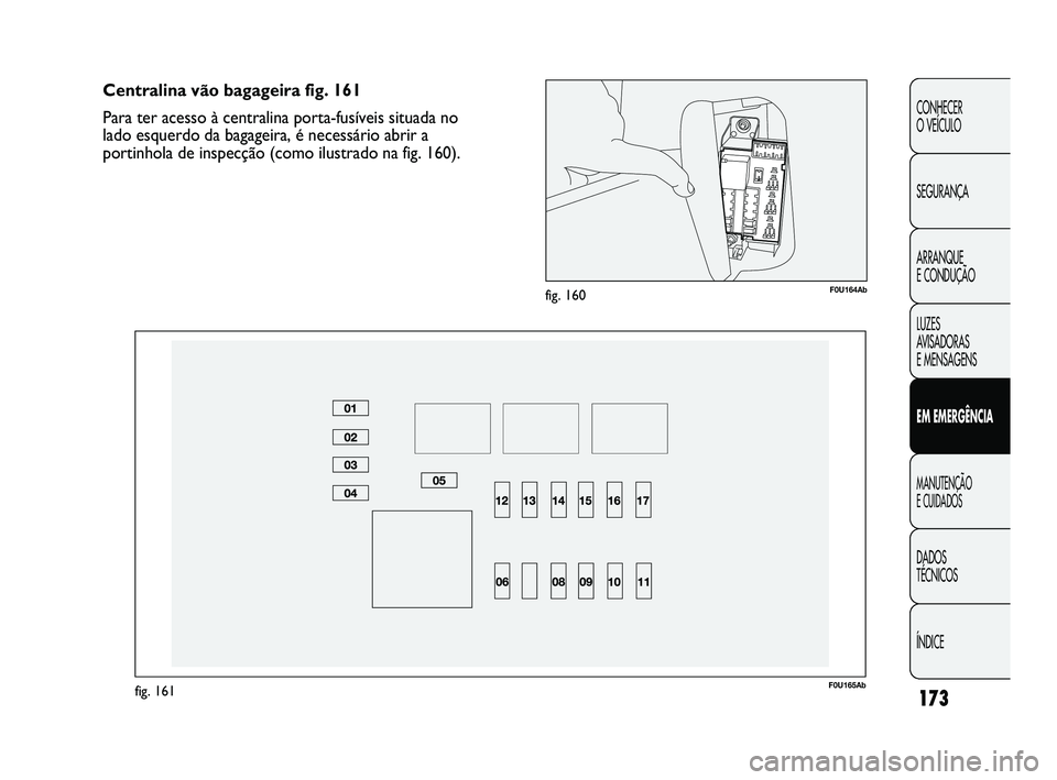 Abarth Punto 2012 Manual de Uso e Manutenção (in Portuguese) 173
CONHECER
O VEÍCULO
SEGURANÇA
ARRANQUE
E CONDUÇÃO
LUZES
AVISADORAS
E MENSAGENS
EM EMERGÊNCIA
MANUTENÇÃO
E CUIDADOS
DADOS
TÉCNICOS
ÍNDICE
F0U164Abfig. 160
F0U165Abfig. 161
Centralin Abarth Punto 2012 Manual de Uso e Manutenção (in Portuguese) 173
CONHECER
O VEÍCULO
SEGURANÇA
ARRANQUE
E CONDUÇÃO
LUZES
AVISADORAS
E MENSAGENS
EM EMERGÊNCIA
MANUTENÇÃO
E CUIDADOS
DADOS
TÉCNICOS
ÍNDICE
F0U164Abfig. 160
F0U165Abfig. 161
Centralin