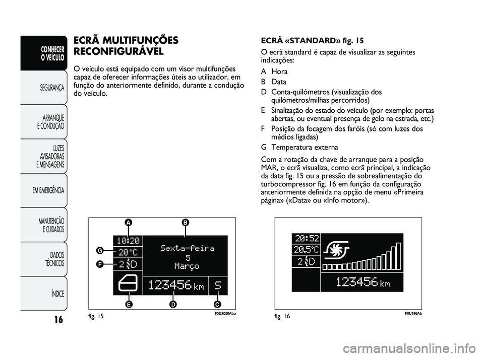 Abarth Punto 2012 Manual de Uso e Manutenção (in Portuguese) ÍNDICE
DADOS
TÉCNICOS
MANUTENÇÃO E CUIDADOS
EM EMERGÊNCIA LUZES
AVISADORAS
E MENSAGENS ARRANQUE
E CONDUÇÃO SEGURANÇA
CONHECER
O VEÍCULO
16fig. 15F0U2050Abp
ECRÃ MULTIFUNÇÕES
RECON Abarth Punto 2012 Manual de Uso e Manutenção (in Portuguese) ÍNDICE
DADOS
TÉCNICOS
MANUTENÇÃO E CUIDADOS
EM EMERGÊNCIA LUZES
AVISADORAS
E MENSAGENS ARRANQUE
E CONDUÇÃO SEGURANÇA
CONHECER
O VEÍCULO
16fig. 15F0U2050Abp
ECRÃ MULTIFUNÇÕES
RECON