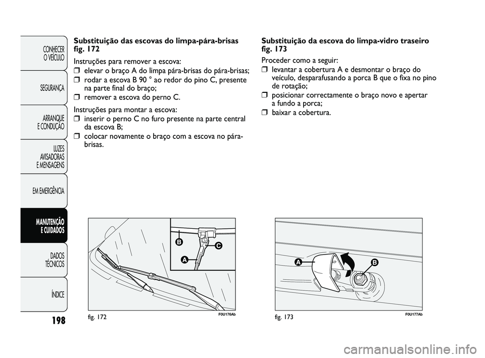 Abarth Punto 2012 Manual de Uso e Manutenção (in Portuguese) F0U177Abfig. 173198
CONHECER O VEÍCULO
SEGURANÇA ARRANQUE
E CONDUÇÃO
LUZES
AVISADORAS
E MENSAGENS
EM EMERGÊNCIA
MANUTENÇÃO E CUIDADOS
DADOS
TÉCNICOS
ÍNDICE
F0U176Abfig. 172
Substituiç Abarth Punto 2012 Manual de Uso e Manutenção (in Portuguese) F0U177Abfig. 173198
CONHECER O VEÍCULO
SEGURANÇA ARRANQUE
E CONDUÇÃO
LUZES
AVISADORAS
E MENSAGENS
EM EMERGÊNCIA
MANUTENÇÃO E CUIDADOS
DADOS
TÉCNICOS
ÍNDICE
F0U176Abfig. 172
Substituiç