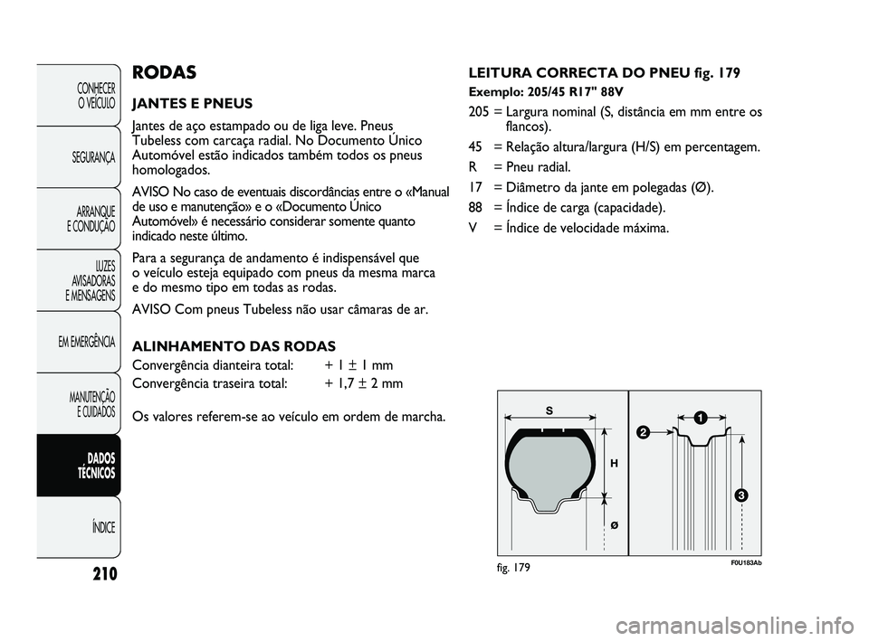 Abarth Punto 2012 Manual de Uso e Manutenção (in Portuguese) F0U183Abfig. 179
RODAS
JANTES E PNEUS
Jantes de aço estampado ou de liga leve. Pneus
Tubeless com carcaça radial. No Documento Único
Automóvel estão indicados também todos os pneus
homologados. Abarth Punto 2012 Manual de Uso e Manutenção (in Portuguese) F0U183Abfig. 179
RODAS
JANTES E PNEUS
Jantes de aço estampado ou de liga leve. Pneus
Tubeless com carcaça radial. No Documento Único
Automóvel estão indicados também todos os pneus
homologados.
