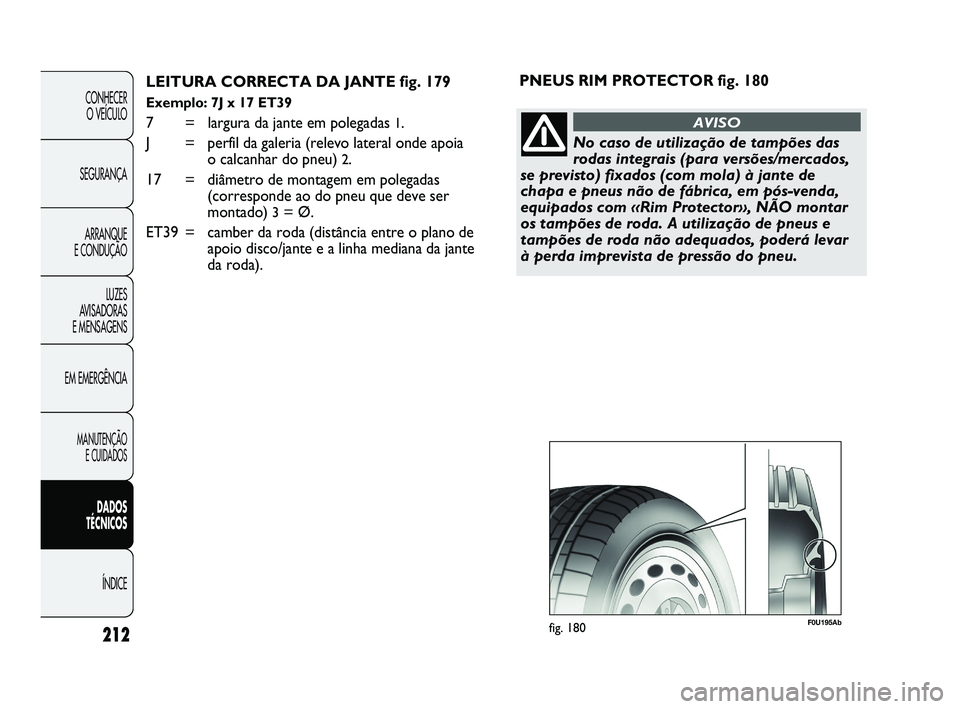 Abarth Punto 2012 Manual de Uso e Manutenção (in Portuguese) 212
CONHECER O VEÍCULO
SEGURANÇA ARRANQUE
E CONDUÇÃO
LUZES
AVISADORAS
E MENSAGENS
EM EMERGÊNCIA
MANUTENÇÃO E CUIDADOS
DADOS
TÉCNICOS
ÍNDICE
LEITURA CORRECTA DA JANTE fig. 179
Exemplo: Abarth Punto 2012 Manual de Uso e Manutenção (in Portuguese) 212
CONHECER O VEÍCULO
SEGURANÇA ARRANQUE
E CONDUÇÃO
LUZES
AVISADORAS
E MENSAGENS
EM EMERGÊNCIA
MANUTENÇÃO E CUIDADOS
DADOS
TÉCNICOS
ÍNDICE
LEITURA CORRECTA DA JANTE fig. 179
Exemplo: