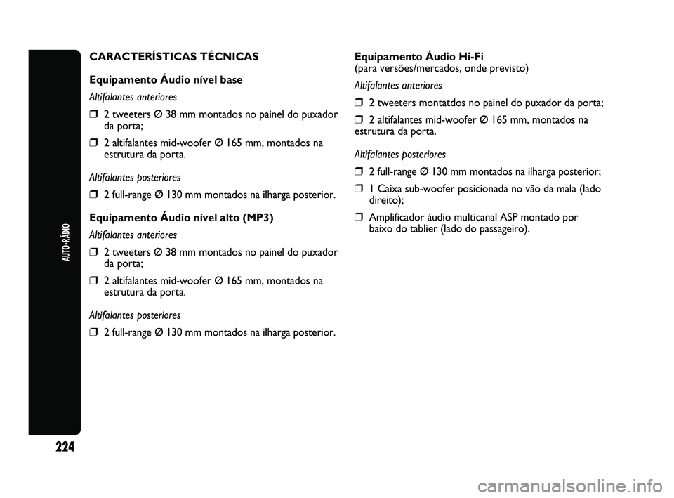 Abarth Punto 2012 Manual de Uso e Manutenção (in Portuguese) 224
AUTO-RÁDIO
Equipamento Áudio Hi-Fi
(para versões/mercados, onde previsto)
Altifalantes anteriores
❒2 tweeters montatdos no painel do puxador da porta;
❒2 altifalantes mid-woofer Ø 165 mm, Abarth Punto 2012 Manual de Uso e Manutenção (in Portuguese) 224
AUTO-RÁDIO
Equipamento Áudio Hi-Fi
(para versões/mercados, onde previsto)
Altifalantes anteriores
❒2 tweeters montatdos no painel do puxador da porta;
❒2 altifalantes mid-woofer Ø 165 mm,