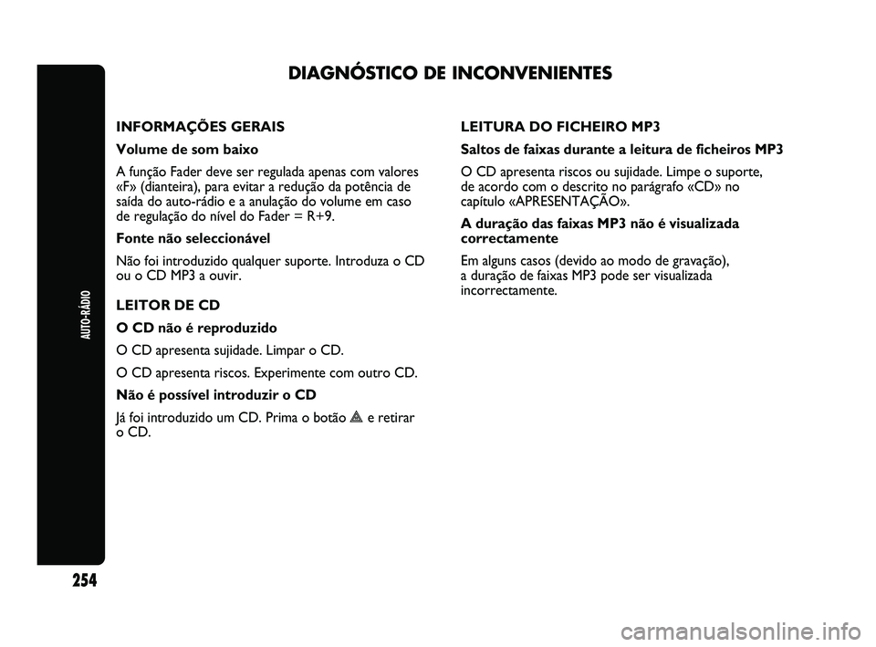 Abarth Punto 2012 Manual de Uso e Manutenção (in Portuguese) DIAGNÓSTICO DE INCONVENIENTES
AUTO-RÁDIO
254
INFORMAÇÕES GERAIS
Volume de som baixo
A função Fader deve ser regulada apenas com valores
«F» (dianteira), para evitar a redução da potência d Abarth Punto 2012 Manual de Uso e Manutenção (in Portuguese) DIAGNÓSTICO DE INCONVENIENTES
AUTO-RÁDIO
254
INFORMAÇÕES GERAIS
Volume de som baixo
A função Fader deve ser regulada apenas com valores
«F» (dianteira), para evitar a redução da potência d