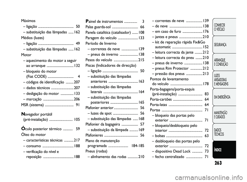 Abarth Punto 2012 Manual de Uso e Manutenção (in Portuguese) 263
CONHECER
O VEÍCULO
SEGURANÇA
ARRANQUE
E CONDUÇÃO
LUZES
AVISADORAS
E MENSAGENS
EM EMERGÊNCIA
MANUTENÇÃO
E CUIDADOS
DADOS
TÉCNICOS
ÍNDICE
Máximos – ligação ........................ Abarth Punto 2012 Manual de Uso e Manutenção (in Portuguese) 263
CONHECER
O VEÍCULO
SEGURANÇA
ARRANQUE
E CONDUÇÃO
LUZES
AVISADORAS
E MENSAGENS
EM EMERGÊNCIA
MANUTENÇÃO
E CUIDADOS
DADOS
TÉCNICOS
ÍNDICE
Máximos – ligação ........................