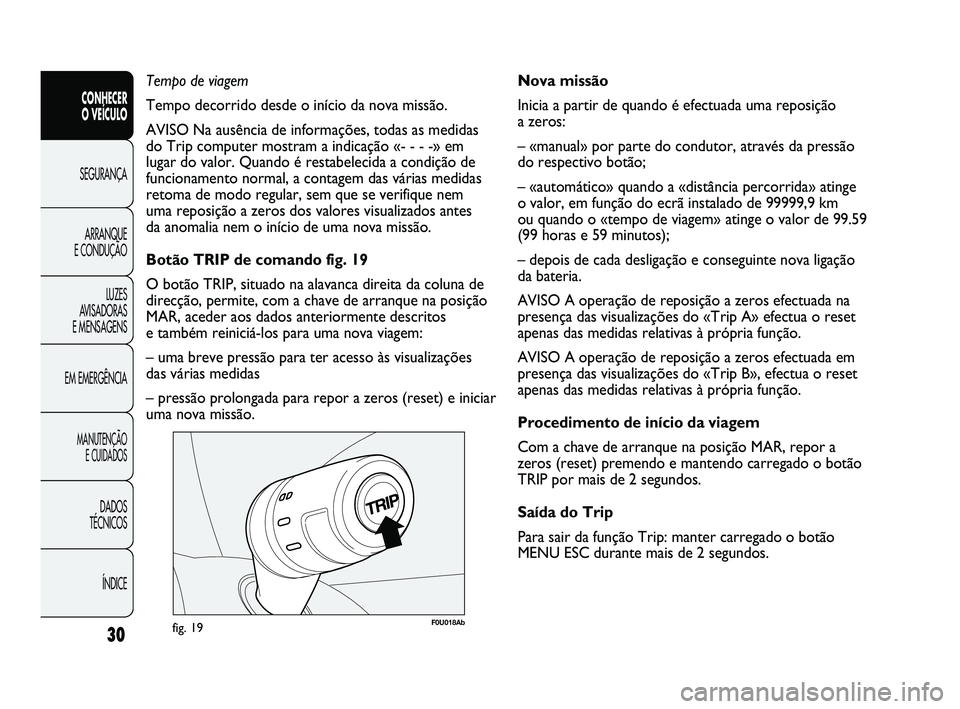 Abarth Punto 2012 Manual de Uso e Manutenção (in Portuguese) 30
CONHECER
O VEÍCULO
SEGURANÇA
ARRANQUE
E CONDUÇÃO
LUZES
A
VISADORAS
E MENSAGENS
EM EMERGÊNCIA
MANUTENÇÃO E CUIDADOS
DADOS
TÉCNICOS
ÍNDICE
F0U018Abfig. 19
Nova missão
Inicia a parti Abarth Punto 2012 Manual de Uso e Manutenção (in Portuguese) 30
CONHECER
O VEÍCULO
SEGURANÇA
ARRANQUE
E CONDUÇÃO
LUZES
A
VISADORAS
E MENSAGENS
EM EMERGÊNCIA
MANUTENÇÃO E CUIDADOS
DADOS
TÉCNICOS
ÍNDICE
F0U018Abfig. 19
Nova missão
Inicia a parti