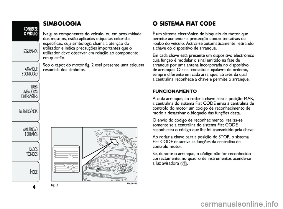 Abarth Punto 2012 Manual de Uso e Manutenção (in Portuguese) O SISTEMA FIAT CODE
É um sistema electrónico de bloqueio do motor que
permite aumentar a protecção contra tentativas de
roubo do veículo. Activa-se automaticamente retirando
a chave do dispositiv Abarth Punto 2012 Manual de Uso e Manutenção (in Portuguese) O SISTEMA FIAT CODE
É um sistema electrónico de bloqueio do motor que
permite aumentar a protecção contra tentativas de
roubo do veículo. Activa-se automaticamente retirando
a chave do dispositiv
