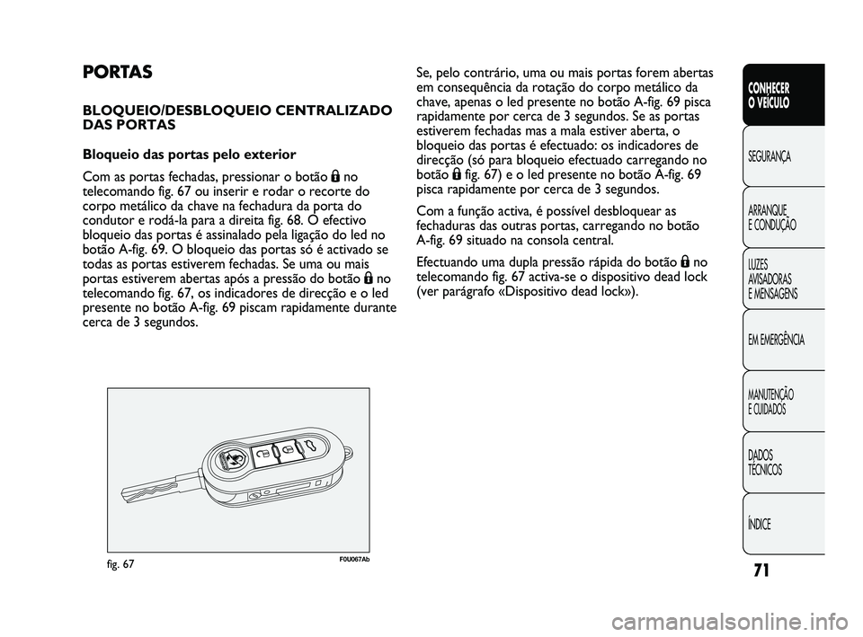 Abarth Punto 2012 Manual de Uso e Manutenção (in Portuguese) 71
CONHECER
O VEÍCULO
SEGURANÇA
ARRANQUE
E CONDUÇÃO
LUZES
A
VISADORAS
E MENSAGENS
EM EMERGÊNCIA
MANUTENÇÃO
E CUIDADOS
DADOS
TÉCNICOS
ÍNDICE
PORTAS
BLOQUEIO/DESBLOQUEIO CENTRALIZADO
DAS Abarth Punto 2012 Manual de Uso e Manutenção (in Portuguese) 71
CONHECER
O VEÍCULO
SEGURANÇA
ARRANQUE
E CONDUÇÃO
LUZES
A
VISADORAS
E MENSAGENS
EM EMERGÊNCIA
MANUTENÇÃO
E CUIDADOS
DADOS
TÉCNICOS
ÍNDICE
PORTAS
BLOQUEIO/DESBLOQUEIO CENTRALIZADO
DAS