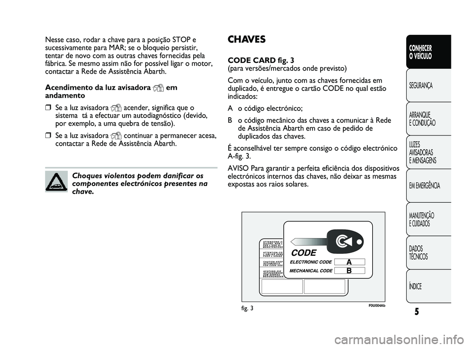 Abarth Punto 2012 Manual de Uso e Manutenção (in Portuguese) CHAVES
CODE CARD fig. 3
(para versões/mercados onde previsto)
Com o veículo, junto com as chaves fornecidas em
duplicado, é entregue o cartão CODE no qual estão
indicados:
A o código electróni Abarth Punto 2012 Manual de Uso e Manutenção (in Portuguese) CHAVES
CODE CARD fig. 3
(para versões/mercados onde previsto)
Com o veículo, junto com as chaves fornecidas em
duplicado, é entregue o cartão CODE no qual estão
indicados:
A o código electróni