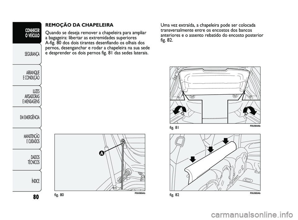 Abarth Punto 2012 Manual de Uso e Manutenção (in Portuguese) 80
CONHECER
O VEÍCULO
SEGURANÇA
ARRANQUE
E CONDUÇÃO
LUZES
A
VISADORAS
E MENSAGENS
EM EMERGÊNCIA
MANUTENÇÃO E CUIDADOS
DADOS
TÉCNICOS
ÍNDICE
REMOÇÃO DA CHAPELEIRA
Quando se deseja rem Abarth Punto 2012 Manual de Uso e Manutenção (in Portuguese) 80
CONHECER
O VEÍCULO
SEGURANÇA
ARRANQUE
E CONDUÇÃO
LUZES
A
VISADORAS
E MENSAGENS
EM EMERGÊNCIA
MANUTENÇÃO E CUIDADOS
DADOS
TÉCNICOS
ÍNDICE
REMOÇÃO DA CHAPELEIRA
Quando se deseja rem