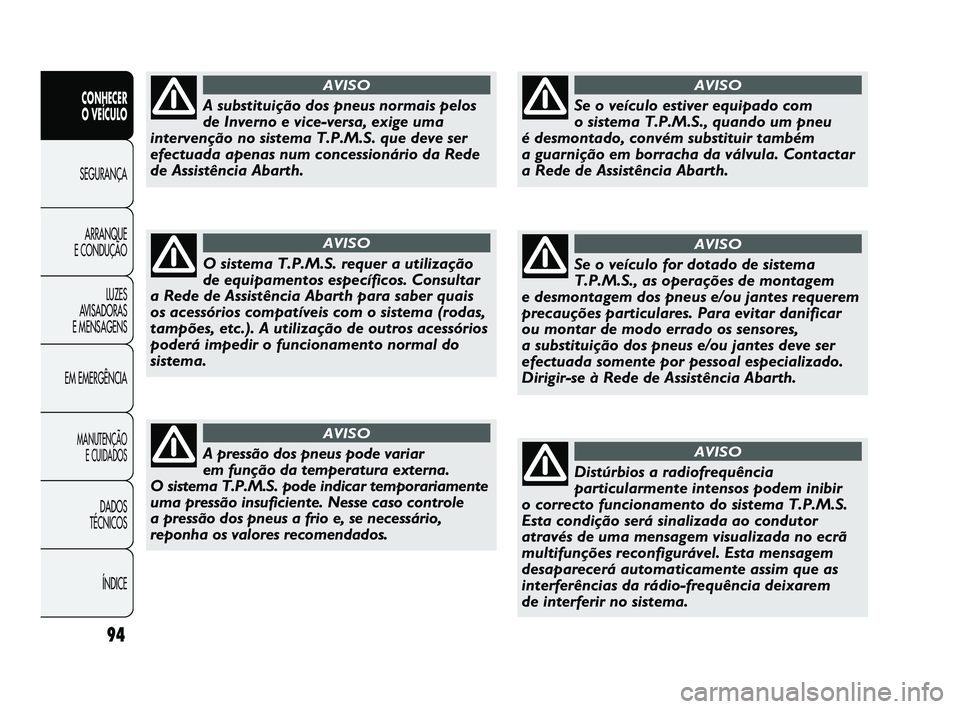 Abarth Punto 2012  Manual de Uso e Manutenção (in Portuguese) 94
CONHECER 
O VEÍCULO
SEGURANÇA 
ARRANQUE 
E CONDUÇÃO
LUZES 
A

VISADORAS
E MENSAGENS
EM EMERGÊNCIA
MANUTENÇÃO  E CUIDADOS
DADOS 
TÉCNICOS
ÍNDICE
A substituição dos pneus normais pelos
de 