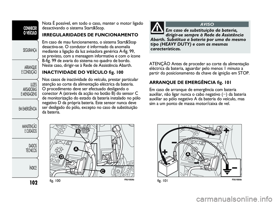 Abarth Punto 2020  Manual de Uso e Manutenção (in Portuguese) 102
CONHECER
O VEÍCULO
SEGURANÇA
ARRANQUE
E CONDUÇÃO
LUZES
AVISADORAS
E MENSAGENS
EM EMERGÊNCIA
MANUTENÇÃO
E CUIDADOS
DADOS
TÉCNICOS
ÍNDICE
F0U185Abfig. 100F0U186Abfig. 101
ATENÇÃO Antes de
