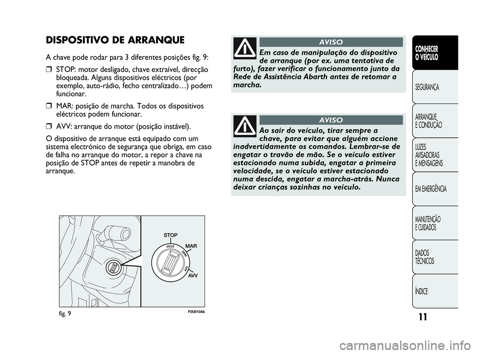 Abarth Punto 2020  Manual de Uso e Manutenção (in Portuguese) 11
CONHECER
O VEÍCULO
SEGURANÇA
ARRANQUE
E CONDUÇÃO
LUZES
AVISADORAS 
E MENSAGENS
EM EMERGÊNCIA
MANUTENÇÃO
E CUIDADOS 
DADOS
TÉCNICOS
ÍNDICE
fig. 9F0U010Ab
Em caso de manipulação do disposi