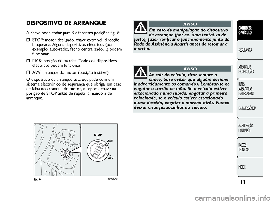 Abarth Punto 2015  Manual de Uso e Manutenção (in Portuguese) 11
CONHECER
O VEÍCULO
SEGURANÇA
ARRANQUE
E CONDUÇÃO
LUZES
AVISADORAS 
E MENSAGENS
EM EMERGÊNCIA
MANUTENÇÃO
E CUIDADOS 
DADOS
TÉCNICOS
ÍNDICE
fig. 9F0U010Ab
Em caso de manipulação do disposi