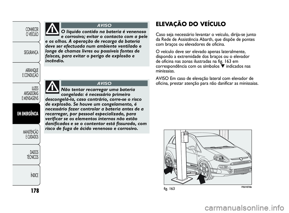 Abarth Punto 2013 Manual de Uso e Manutenção (in Portuguese) ÍNDICE DADOS
TÉCNICOS
MANUTENÇÃO
E CUIDADOS
EM EMERGÊNCIA
LUZES
AVISADORAS
E MENSAGENSARRANQUE
E CONDUÇÃOSEGURANÇACONHECER
O VEÍCULO
178
O líquido contido na bateria é venenoso
e corrosiv Abarth Punto 2013 Manual de Uso e Manutenção (in Portuguese) ÍNDICE DADOS
TÉCNICOS
MANUTENÇÃO
E CUIDADOS
EM EMERGÊNCIA
LUZES
AVISADORAS
E MENSAGENSARRANQUE
E CONDUÇÃOSEGURANÇACONHECER
O VEÍCULO
178
O líquido contido na bateria é venenoso
e corrosiv