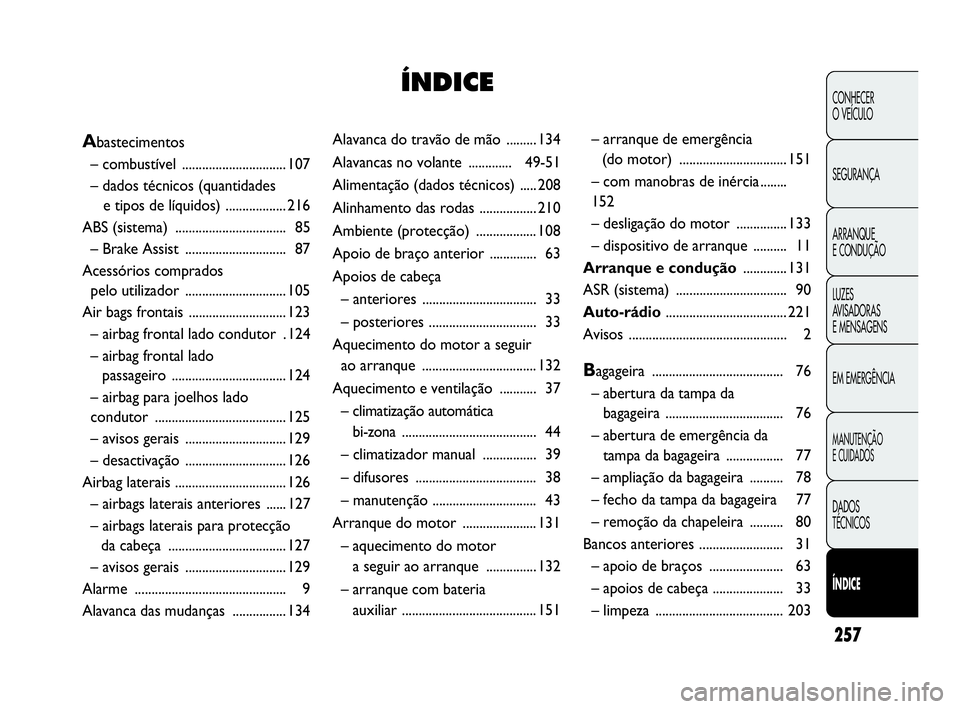 Abarth Punto 2020  Manual de Uso e Manutenção (in Portuguese) 257
CONHECER
O VEÍCULO
SEGURANÇA
ARRANQUE
E CONDUÇÃO
LUZES
AVISADORAS 
E MENSAGENS
EM EMERGÊNCIA
MANUTENÇÃO
E CUIDADOS
DADOS
TÉCNICOS
ÍNDICE
Alavanca do travão de mão ......... 134
Alavanca