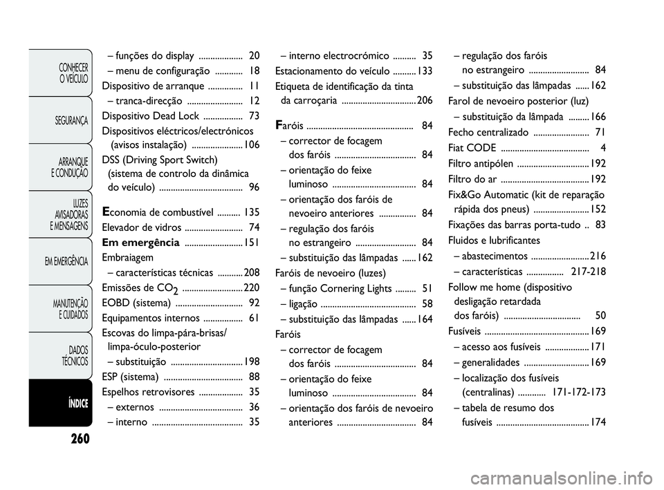 Abarth Punto 2015 Manual de Uso e Manutenção (in Portuguese) 260
CONHECER
O VEÍCULO
SEGURANÇA
ARRANQUE
E CONDUÇÃO
LUZES
AVISADORAS
E MENSAGENS
EM EMERGÊNCIA
MANUTENÇÃO
E CUIDADOS
DADOS
TÉCNICOS
ÍNDICE
– funções do display ................... 20
Abarth Punto 2015 Manual de Uso e Manutenção (in Portuguese) 260
CONHECER
O VEÍCULO
SEGURANÇA
ARRANQUE
E CONDUÇÃO
LUZES
AVISADORAS
E MENSAGENS
EM EMERGÊNCIA
MANUTENÇÃO
E CUIDADOS
DADOS
TÉCNICOS
ÍNDICE
– funções do display ................... 20