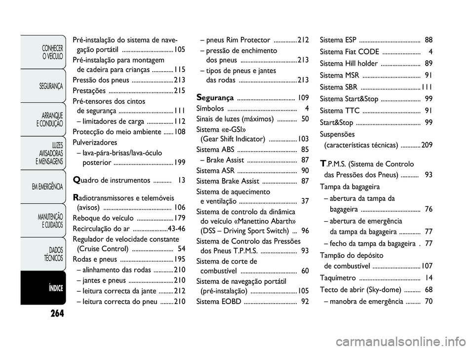 Abarth Punto 2015 Manual de Uso e Manutenção (in Portuguese) Pré-instalação do sistema de nave-
gação portátil ............................... 105
Pré-instalação para montagem
de cadeira para crianças ............. 115
Pressão dos pneus ............ Abarth Punto 2015 Manual de Uso e Manutenção (in Portuguese) Pré-instalação do sistema de nave-
gação portátil ............................... 105
Pré-instalação para montagem
de cadeira para crianças ............. 115
Pressão dos pneus ............