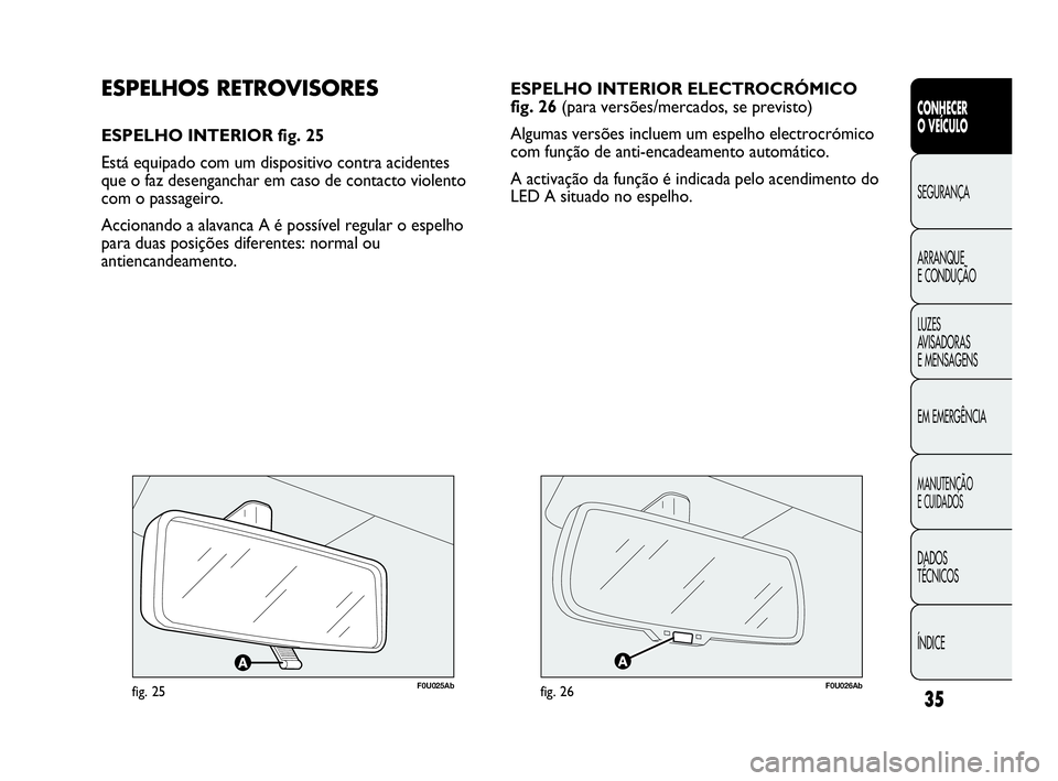 Abarth Punto 2013 Manual de Uso e Manutenção (in Portuguese) ÍNDICE DADOS
TÉCNICOS
MANUTENÇÃO
E CUIDADOS
EM EMERGÊNCIA LUZES
AVISADORAS
E MENSAGENS ARRANQUE
E CONDUÇÃO SEGURANÇA
CONHECER
O VEÍCULO
35
ESPELHO INTERIOR ELECTROCRÓMICO
fig. 26 (para vers Abarth Punto 2013 Manual de Uso e Manutenção (in Portuguese) ÍNDICE DADOS
TÉCNICOS
MANUTENÇÃO
E CUIDADOS
EM EMERGÊNCIA LUZES
AVISADORAS
E MENSAGENS ARRANQUE
E CONDUÇÃO SEGURANÇA
CONHECER
O VEÍCULO
35
ESPELHO INTERIOR ELECTROCRÓMICO
fig. 26 (para vers