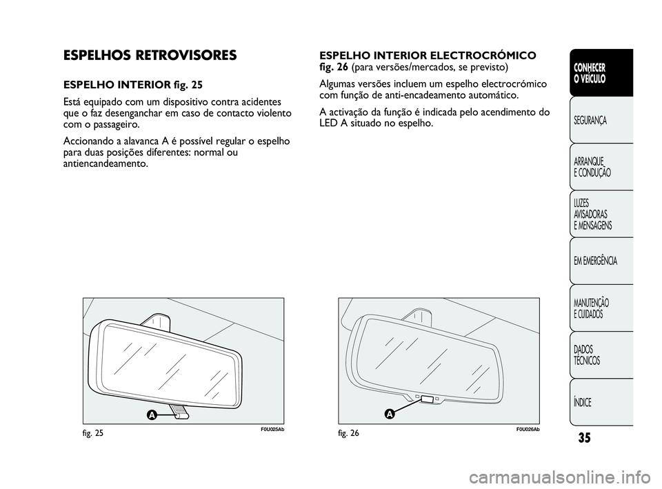 Abarth Punto 2018  Manual de Uso e Manutenção (in Portuguese) ÍNDICE DADOS
TÉCNICOS
MANUTENÇÃO
E CUIDADOS
EM EMERGÊNCIA LUZES
AVISADORAS 
E MENSAGENS ARRANQUE
E CONDUÇÃO SEGURANÇA
CONHECER
O VEÍCULO
35
ESPELHO INTERIOR ELECTROCRÓMICO
fig. 26 (para vers