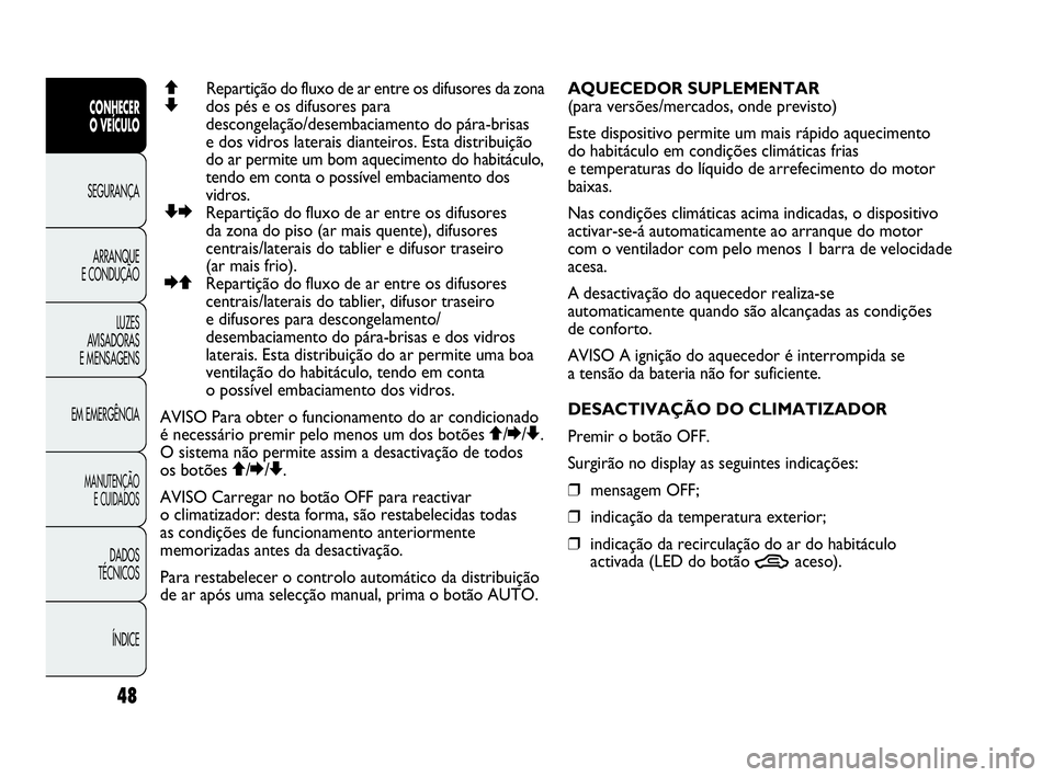 Abarth Punto 2015 Manual de Uso e Manutenção (in Portuguese) ÍNDICE DADOS
TÉCNICOS
MANUTENÇÃO
E CUIDADOS
EM EMERGÊNCIALUZES
AVISADORAS
E MENSAGENSARRANQUE
E CONDUÇÃOSEGURANÇA
CONHECER
O VEÍCULO
48
QRepartição do fluxo de ar entre os difusores da zon Abarth Punto 2015 Manual de Uso e Manutenção (in Portuguese) ÍNDICE DADOS
TÉCNICOS
MANUTENÇÃO
E CUIDADOS
EM EMERGÊNCIALUZES
AVISADORAS
E MENSAGENSARRANQUE
E CONDUÇÃOSEGURANÇA
CONHECER
O VEÍCULO
48
QRepartição do fluxo de ar entre os difusores da zon