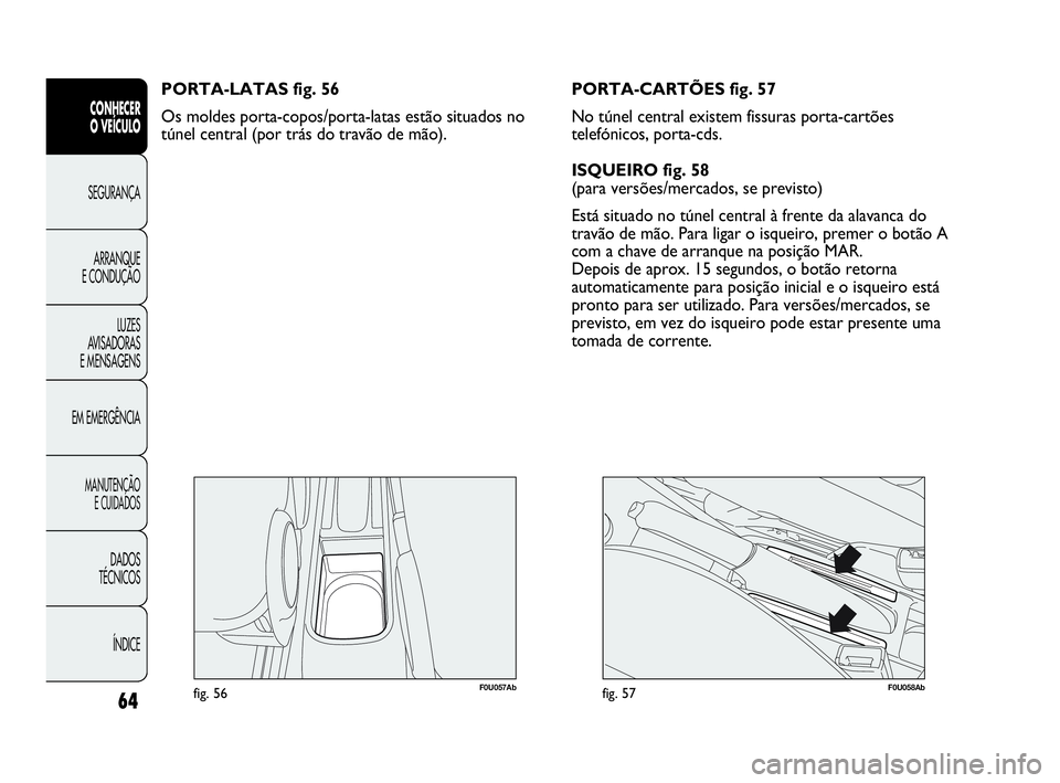 Abarth Punto 2018 Manual de Uso e Manutenção (in Portuguese) 64
CONHECER
O VEÍCULO
SEGURANÇA
ARRANQUE
E CONDUÇÃO
LUZES
AVISADORAS
E MENSAGENS
EM EMERGÊNCIA
MANUTENÇÃO
E CUIDADOS
DADOS
TÉCNICOS
ÍNDICE
F0U057Abfig. 56
PORTA-LATAS fig. 56
Os moldes porta Abarth Punto 2018 Manual de Uso e Manutenção (in Portuguese) 64
CONHECER
O VEÍCULO
SEGURANÇA
ARRANQUE
E CONDUÇÃO
LUZES
AVISADORAS
E MENSAGENS
EM EMERGÊNCIA
MANUTENÇÃO
E CUIDADOS
DADOS
TÉCNICOS
ÍNDICE
F0U057Abfig. 56
PORTA-LATAS fig. 56
Os moldes porta