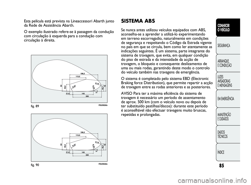 Abarth Punto 2020  Manual de Uso e Manutenção (in Portuguese) 85
CONHECER
O VEÍCULO
SEGURANÇA
ARRANQUE
E CONDUÇÃO
LUZES
AVISADORAS 
E MENSAGENS
EM EMERGÊNCIA
MANUTENÇÃO
E CUIDADOS
DADOS
TÉCNICOS
ÍNDICE
Esta película está prevista na Lineaccessori Abar