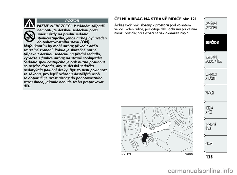 Abarth Punto 2020 Návod k použití a údržbě (in Czech) 125
F0U121Abobr. 121
ČELNÍ AIRBAG NA STRANĚ ŘIDIČE obr. 121
Airbag tvoří vak, složený v prostoru pod volantem
ve výši kolen řidiče, poskytuje další ochranu při čelním
nárazu vozidl Abarth Punto 2020 Návod k použití a údržbě (in Czech) 125
F0U121Abobr. 121
ČELNÍ AIRBAG NA STRANĚ ŘIDIČE obr. 121
Airbag tvoří vak, složený v prostoru pod volantem
ve výši kolen řidiče, poskytuje další ochranu při čelním
nárazu vozidl