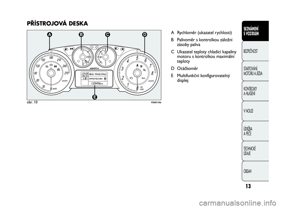 Abarth Punto 2013  Návod k použití a údržbě (in Czech) PŘÍSTROJOVÁ DESKA
A Rychloměr (ukazatel rychlosti)
B Palivoměr s kontrolkou záložní
zásoby paliva
C Ukazatel teploty chladicí kapaliny
motoru s kontrolkou maximální
teploty 
D Otáčkoměr