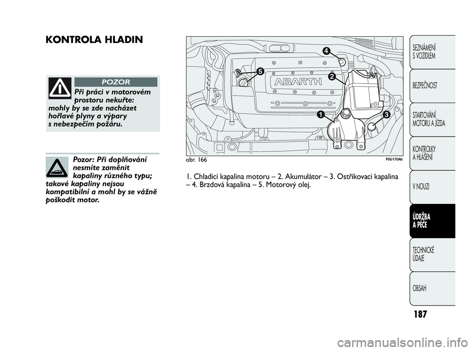 Abarth Punto 2015  Návod k použití a údržbě (in Czech) 187
KONTROLA HLADIN
SEZNÁMENÍ 
S VOZIDLEM
BEZPEČNOST
STARTOVÁNÍ 
MOTORU A JÍZDA 
KONTROLKY 
A HLÁŠENÍ
V NOUZI 
ÚDRŽBA 
A PÉČE
TECHNICKÉ 
ÚDAJE
OBSAH
obr. 166
Při práci v motorovém
pr