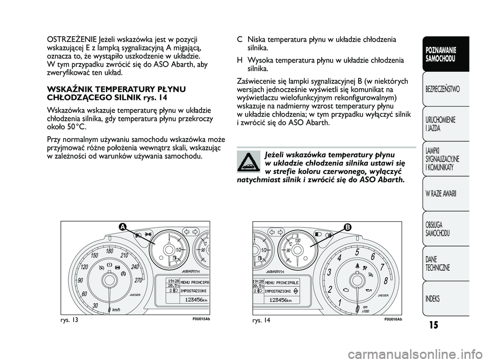 Abarth Punto 2012  Instrukcja obsługi (in Polish) CONOSCENZA
DELLA
VETTURA
15
POZNAWANIE 
SAMOCHODU
BEZPIECZE
ŃSTWO
URUCHOMIENIE 
I JAZDA
LAMPKI 
SYGNALIZACYJNE 
I KOMUNIKATY
W RAZIE AWARII
OBS�UGA 
SAMOCHODU
DANE 
TECHNICZNE
INDEKS
F0U015Abrys. 13F