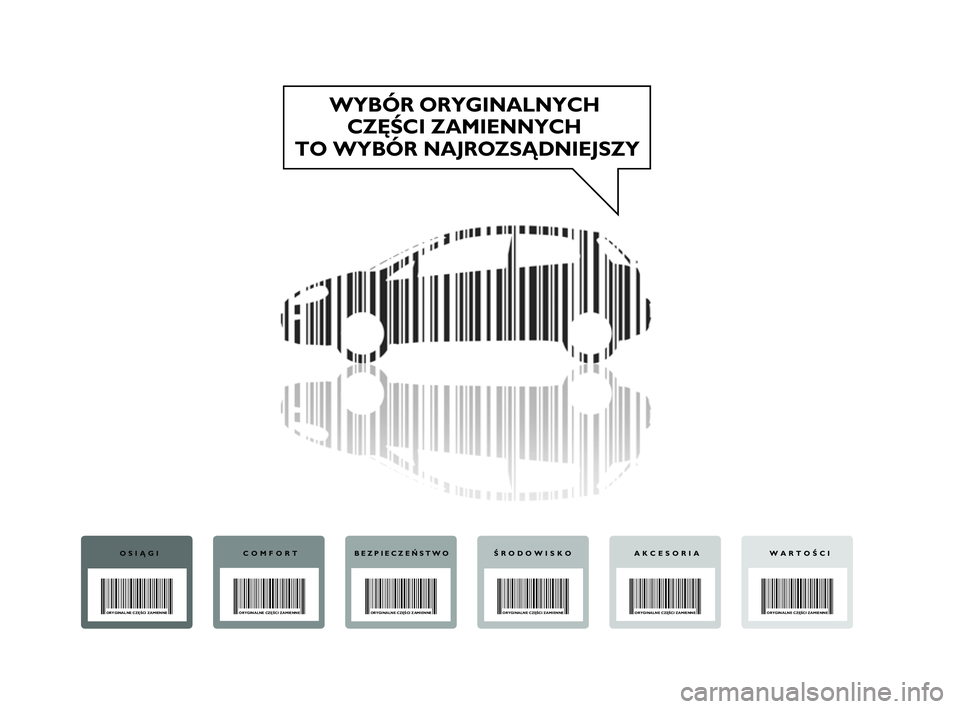 Abarth Punto 2012  Instrukcja obsługi (in Polish) WYBÓR ORYGINALNYCH CZĘŚCI ZAMIENNYCH 
TO WYBÓR NAJROZSĄDNIEJSZY
OSIĄGI
ORYGINALNE CZĘŚCI ZAMIENNE
COMFORT
ORYGINALNE CZĘŚCI ZAMIENNE
BEZPIECZEŃSTWO
ORYGINALNE CZĘŚCI ZAMIENNE
ŚRODOWISKO
