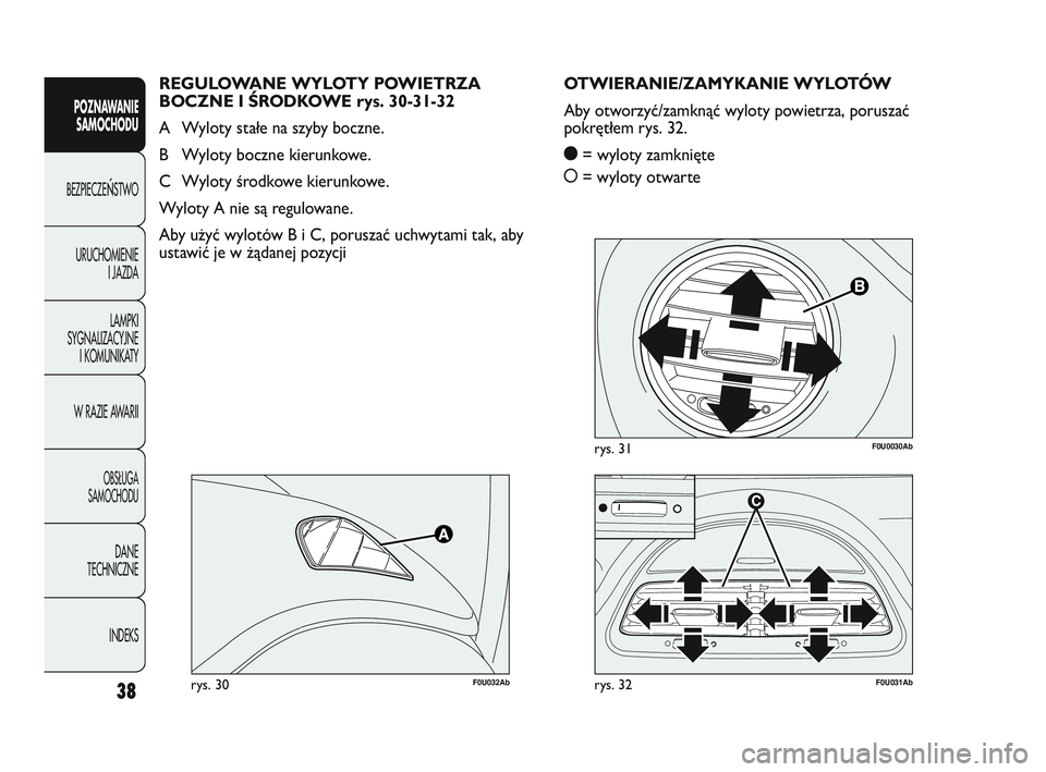 Abarth Punto 2012  Instrukcja obsługi (in Polish) 38
POZNAWANIESAMOCHODU
BEZPIECZE
ŃSTWO
URUCHOMIENIE I JAZDA
LAMPKI
SYGNALIZACYJNE I KOMUNIKATY
W RAZIE AWARII
OBS�UGA 
SAMOCHODU
DANE
TECHNICZNE
INDEKS
F0U0030Abrys. 31
F0U032Abrys. 30F0U031Abrys. 32