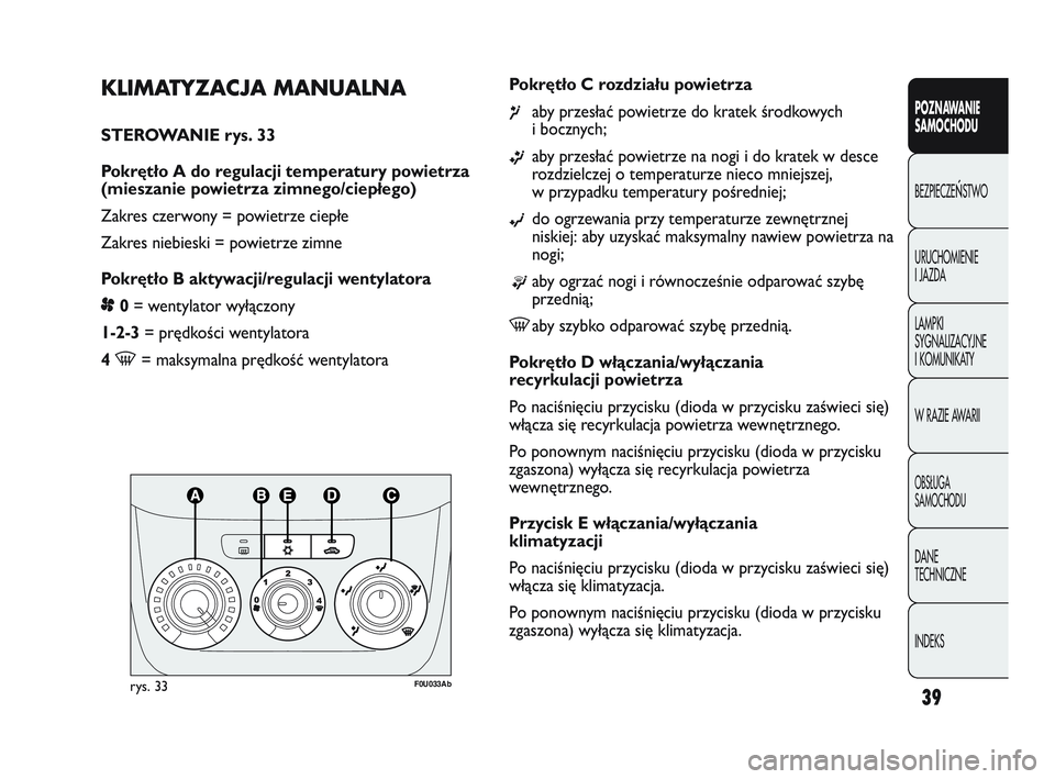 Abarth Punto 2012  Instrukcja obsługi (in Polish) 39
POZNAWANIE 
SAMOCHODU
BEZPIECZE
ŃSTWO
URUCHOMIENIE 
I JAZDA
LAMPKI 
SYGNALIZACYJNE 
I KOMUNIKATY
W RAZIE AWARII
OBS�UGA 
SAMOCHODU
DANE 
TECHNICZNE
INDEKS
KLIMATYZACJA MANUALNA 
STEROWANIE rys. 33