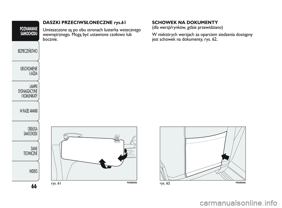 Abarth Punto 2012  Instrukcja obsługi (in Polish) 66
POZNAWANIESAMOCHODU
BEZPIECZE
ŃSTWO
URUCHOMIENIE I JAZDA
LAMPKI
SYGNALIZACYJNE I KOMUNIKATY
W RAZIE AWARII
OBS�UGA 
SAMOCHODU
DANE
TECHNICZNE
INDEKS
F0U062Abrys. 61
DASZKI PRZECIWSŁONECZNE rys.61