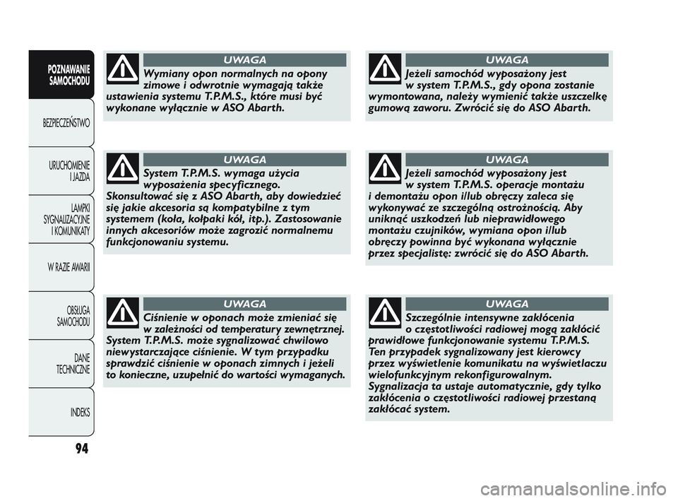 Abarth Punto 2012  Instrukcja obsługi (in Polish) 94
POZNAWANIESAMOCHODU
BEZPIECZE
ŃSTWO
URUCHOMIENIE I JAZDA
LAMPKI
SYGNALIZACYJNE I KOMUNIKATY
W RAZIE AWARII
OBS�UGA 
SAMOCHODU
DANE
TECHNICZNE
INDEKS
Wymiany opon normalnych na opony
zimowe i odwro